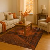 Machine washable fall rug featuring burnt orange foliage and lights.